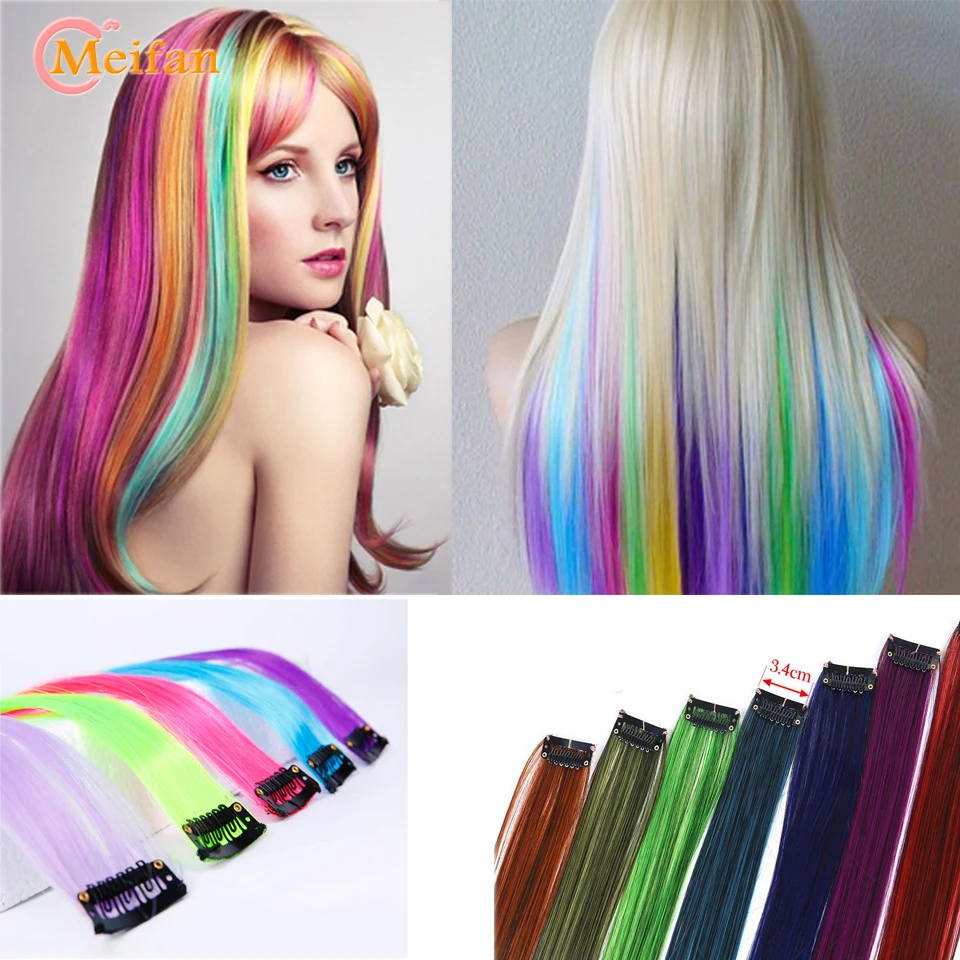 

MEIFAN длинные прямые цветные волосы на заколках в одном кусочке для наращивания, блестящие радужные волосы, розовые синтетические пряди для в...