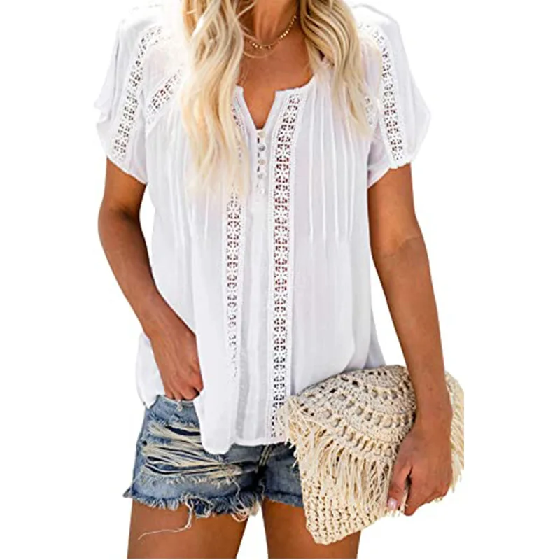 Sexy Hollow Out Short Sleeve Button Blouse Casual Summer Women Short Tops 2021 New Elegant White Lace Stitching Shirts Blouses
Sexy Hollow Out Short Sleeve Button Blouse Casual Summer Women Short Tops 2021 New Elegant White Lace Stitching Shirts Blouses