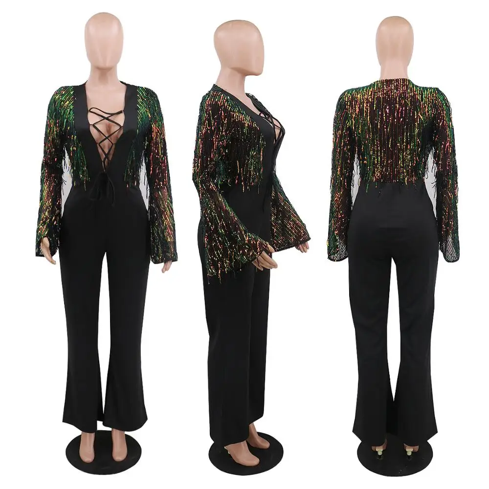 Nightclub Party Wear Women Sexy Sequins Jumpsuit Lady Sparkling Low-cut V-neck Flared Sleeve Bodycon Wide-leg Romper 2020 Autumn
Nightclub Party Wear Women Sexy Sequins Jumpsuit Lady Sparkling Low-cut V-neck Flared Sleeve Bodycon Wide-leg Romper 2020 Autumn