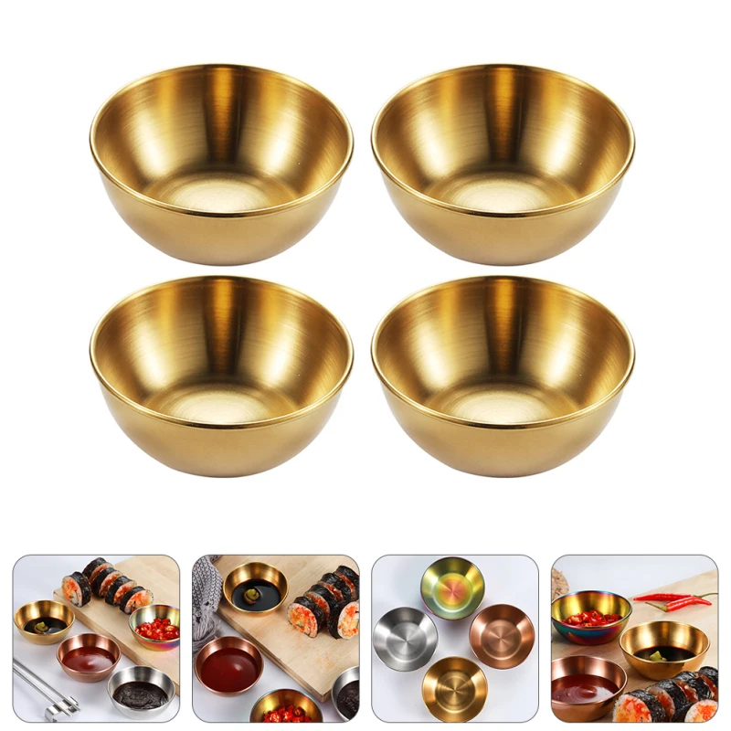

3Pcs Gold Sauce Dish Appetizer Serving Tray Stainless Steel Sauce Dishes Spice Plates Fruit Soup Noodle Bowl Kitchen Supplies