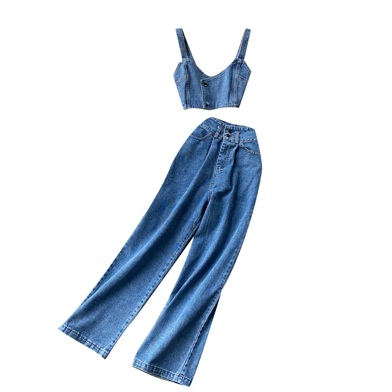 Fashion New Retro Denim Suit Two-piece Short Western-style Camisole Female Versatile High-waisted Wide-leg Pants for women girls 
Fashion New Retro Denim Suit Two-piece Short Western-style Camisole Female Versatile High-waisted Wide-leg Pants for women girls