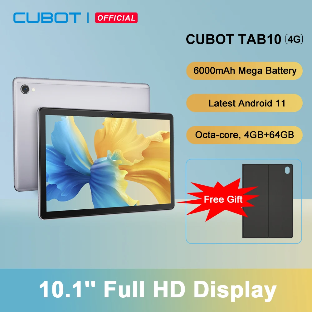 

Cubot TAB 10, планшет Android 11, восьмиядерный процессор, планшет 10 дюймов FHD+ дисплей,6000мАч, 4ГБ+64ГБ(поддержка до 128 ГБ расширенной), сеть 4G, 13МП камера,п...