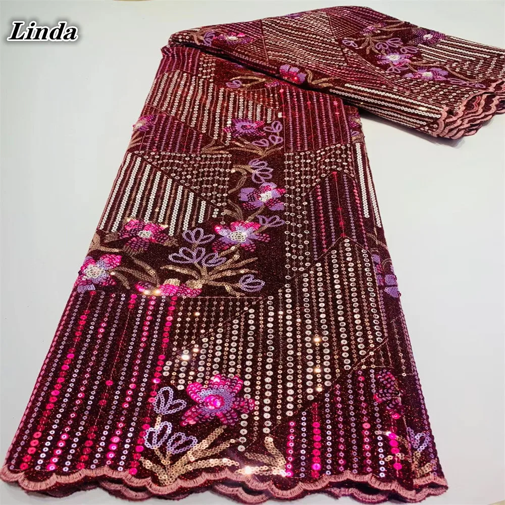 

Кружевная ткань Linda Red, нигерийская вышивка, тюль, кружевная ткань 2021, высококачественное кружево, африканская кружевная ткань с блестками д...