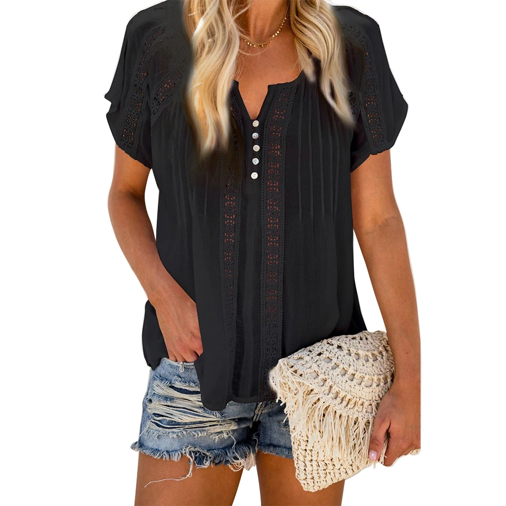 Summer Vintage Hollow Out Female Plus Size Tops Solid V-neck Short Sleeve Buttons Casual Blouse Office Lady Basic T Shirt D30 
Summer Vintage Hollow Out Female Plus Size Tops Solid V-neck Short Sleeve Buttons Casual Blouse Office Lady Basic T Shirt D30