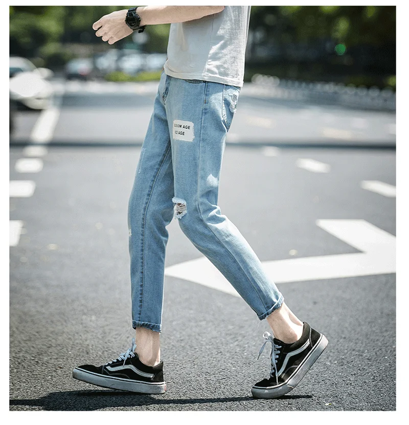 Summer Thin Section Pop Jeans Men Hole Slim Slim Ankle Length Casual Pants Men Large Size Cotton Denim Fabric Pencil Pants
Summer Thin Section Pop Jeans Men Hole Slim Slim Ankle Length Casual Pants Men Large Size Cotton Denim Fabric Pencil Pants