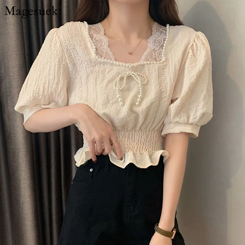 Fashion Square Collar Puff Sleeve Shirt Korean Beading Lace Patchwork Woman Blouses White Lace Up Ladies Tops Blusas Mujer 15332
Fashion Square Collar Puff Sleeve Shirt Korean Beading Lace Patchwork Woman Blouses White Lace Up Ladies Tops Blusas Mujer 15332