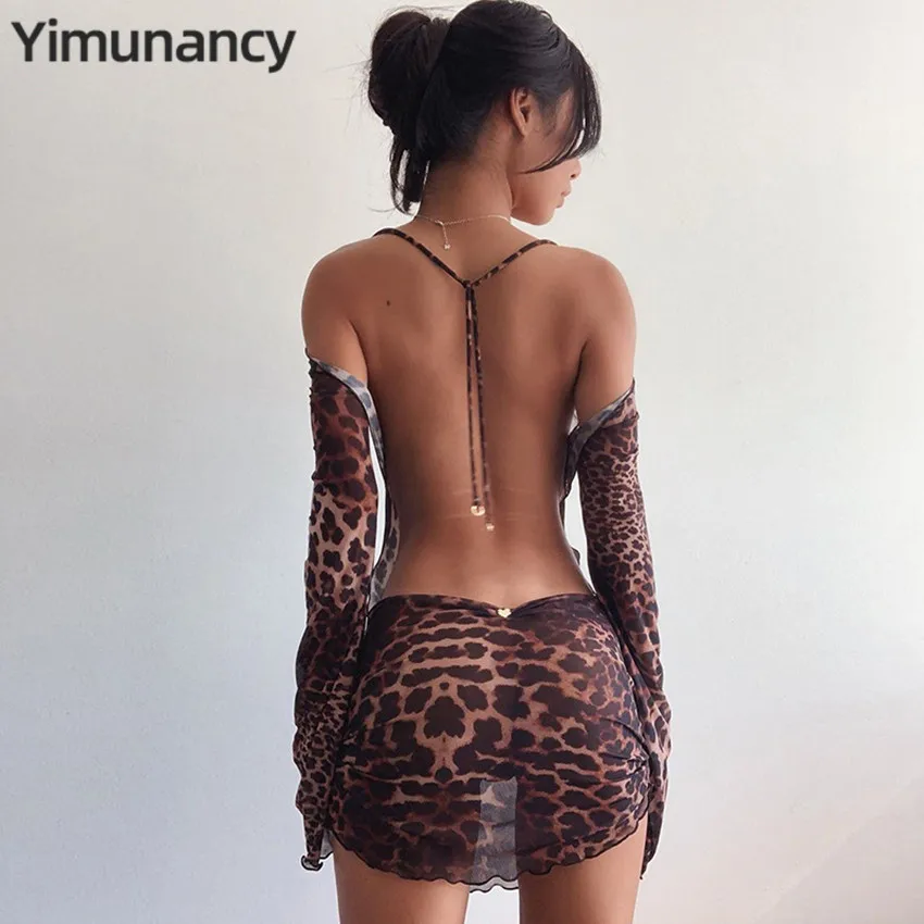Женское платье с открытой спиной Yimunancy Сетчатое прозрачное Клубное леопардовым