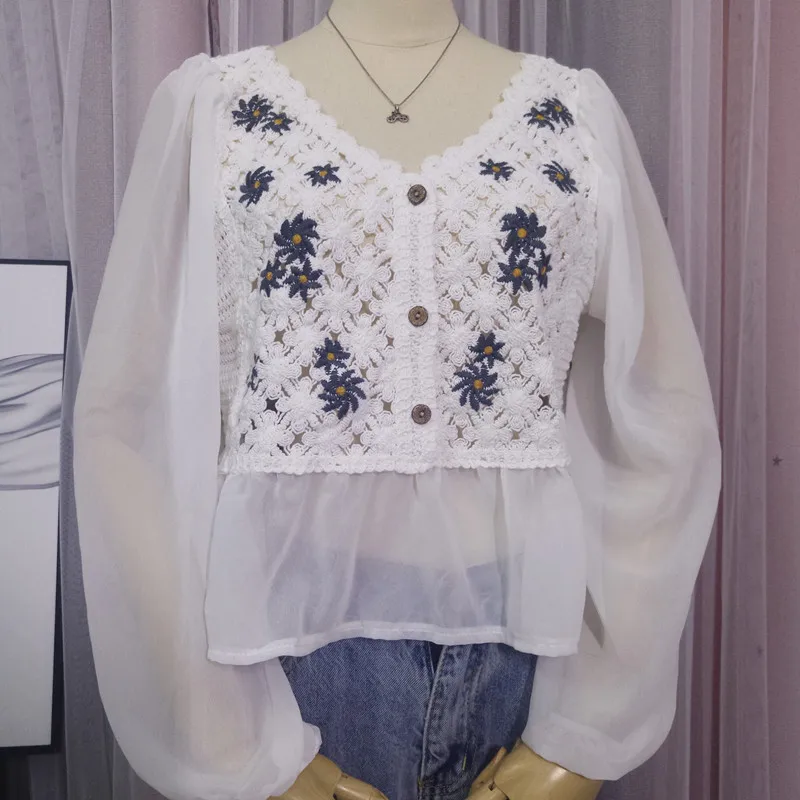 Женская шифоновая рубашка, ажурная рубашка с V-образным вырезом, длинным рукавом и цветочной вышивкой, A4027, осень 2020 
Женская шифоновая рубашка, ажурная рубашка с V-образным вырезом, длинным рукавом и цветочной вышивкой, A4027, осень 2020