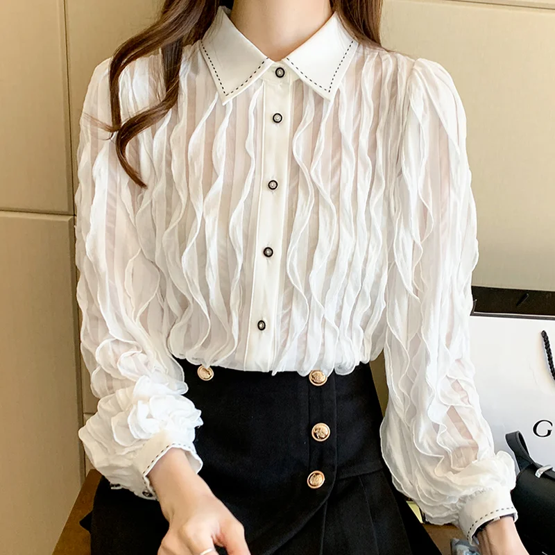Ruffles White Blouse Women 2021 Fall Fashion Striped Long Sleeve Button Up Shirt Female Patchwork Folds Elegant Womans Tops
Ruffles White Blouse Women 2021 Fall Fashion Striped Long Sleeve Button Up Shirt Female Patchwork Folds Elegant Womans Tops