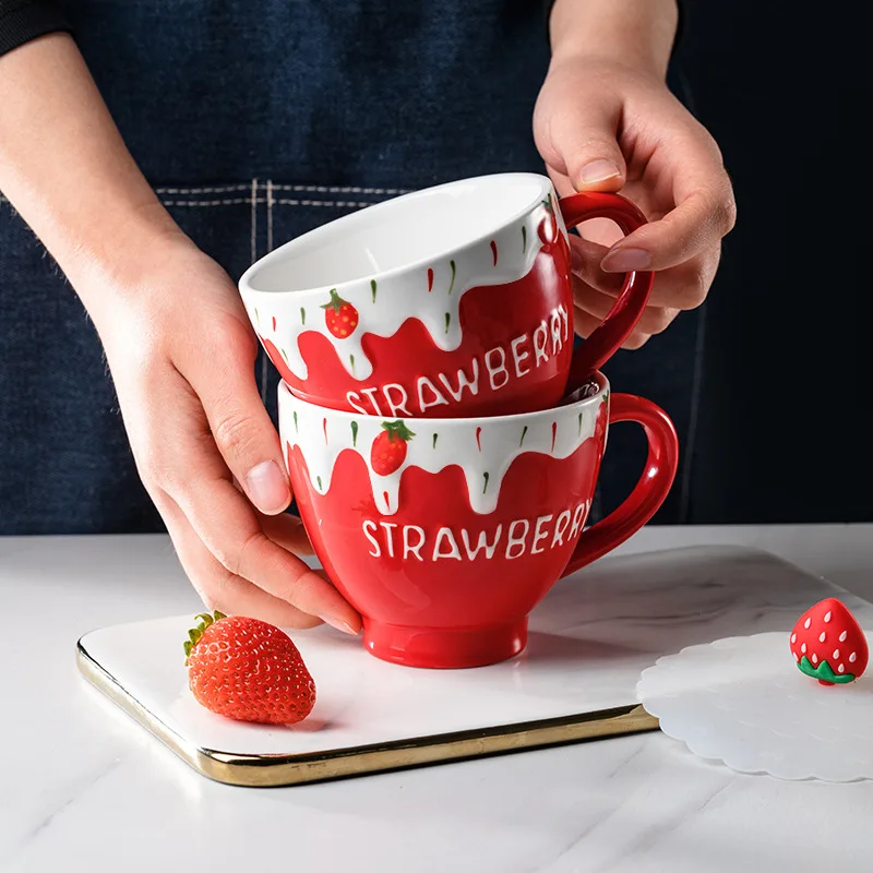 

Strawberry Ceramic Mug Milk Cup Coffee Cup Tea Afternoon Tea Cup With Lid Spoon Household Water Cup Oatmeal Breakfast Cup