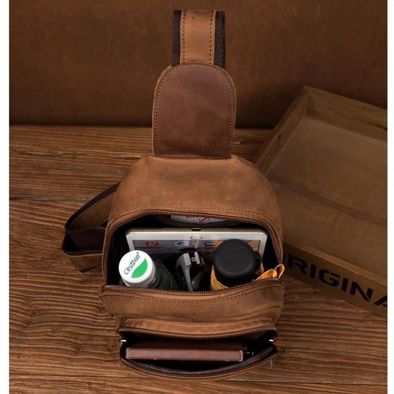 BOLEKE CrossBody Chest Bag Crazy Horse Leather Men bags Vintage Genuine Packs Retro Sling Bags Zipper Shoulder | Багаж и сумки