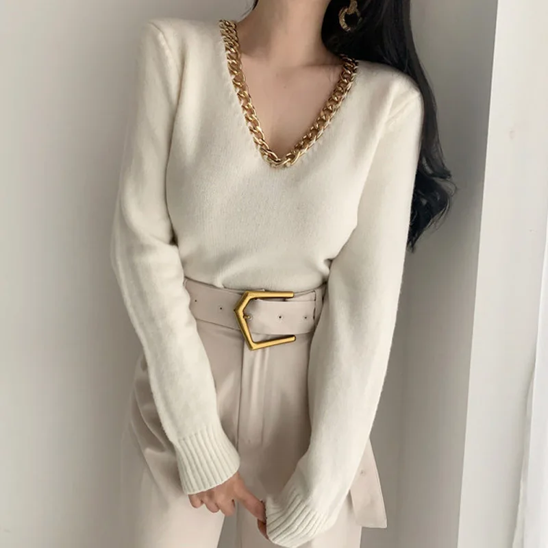 Winter Women Knitted Pullover Jumpers Chic V-Neck Metal Chain Autumn Thick Warm Long Sleeve Female Sweater Tops vs418
Winter Women Knitted Pullover Jumpers Chic V-Neck Metal Chain Autumn Thick Warm Long Sleeve Female Sweater Tops vs418