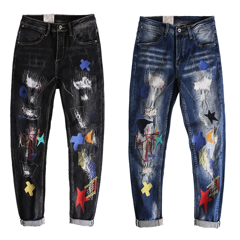 American Streetwear Fashion Men Jeans Elastic Destroyed Ripped Jeans Men Embroidery Patchwork Designer Hip Hop Slim Punk Pants
American Streetwear Fashion Men Jeans Elastic Destroyed Ripped Jeans Men Embroidery Patchwork Designer Hip Hop Slim Punk Pants