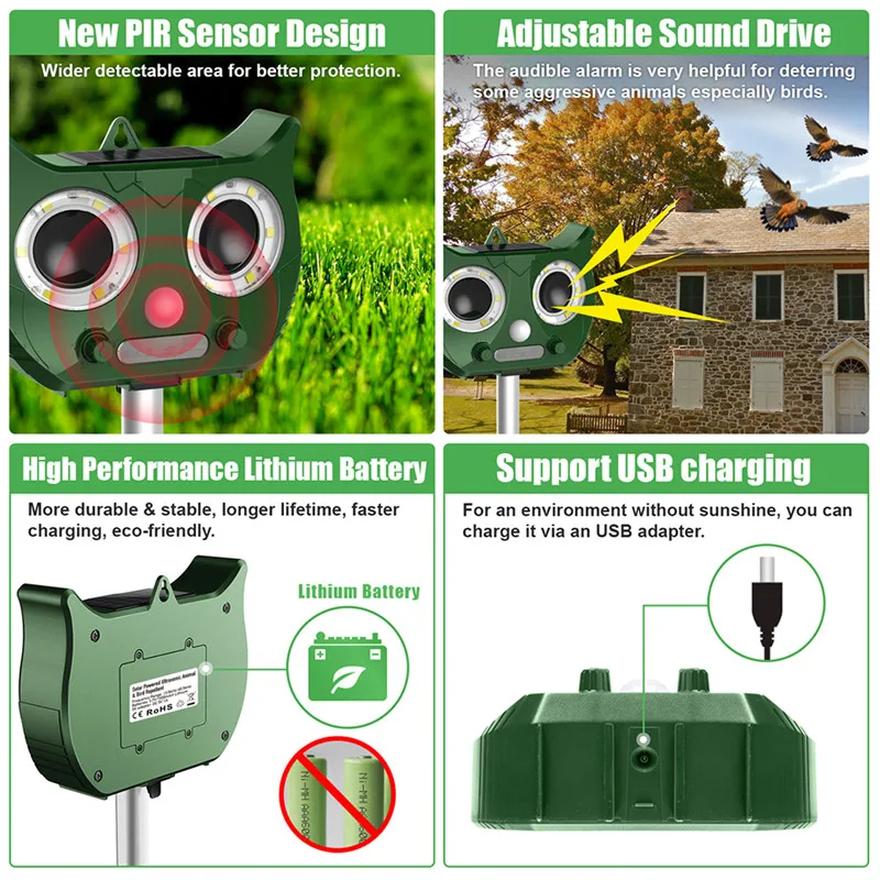 Outdoor Ultrasonic Animal Repellent Solar Powered Pigeon Scarer Waterproof Dog Cat Mice Control Garden Infrared Sensor Repellent
Outdoor Ultrasonic Animal Repellent Solar Powered Pigeon Scarer Waterproof Dog Cat Mice Control Garden Infrared Sensor Repellent