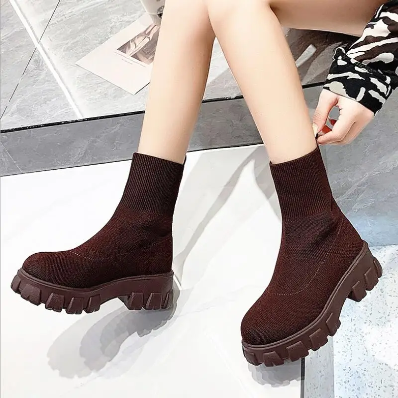 

Женские ботинки-носки из эластичной ткани ST376, повседневные ботинки на платформе, сетчатые красные вязаные короткие сапоги, большие размеры