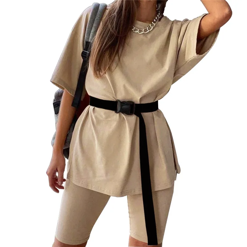 2021 summer new casual all-match home loose T-shirt + stretch tight sports pants suit with belt
2021 summer new casual all-match home loose T-shirt + stretch tight sports pants suit with belt