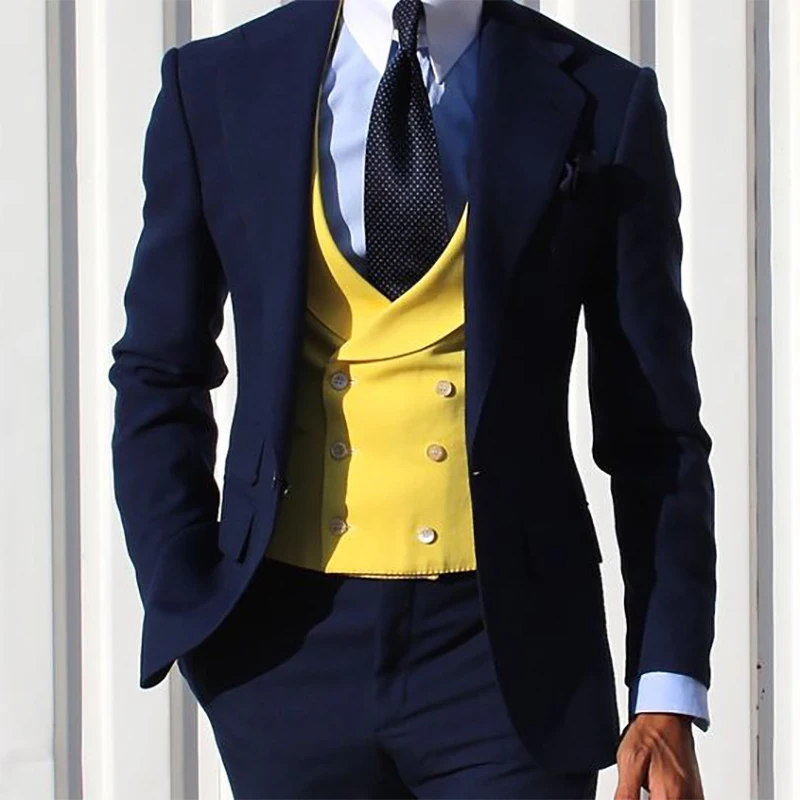 New Navy Blue Men Suits Yellow Double Breasted Vest Slim Fit Formal Business Blazer Groom Wedding Suits For Men 3 Pieces
New Navy Blue Men Suits Yellow Double Breasted Vest Slim Fit Formal Business Blazer Groom Wedding Suits For Men 3 Pieces