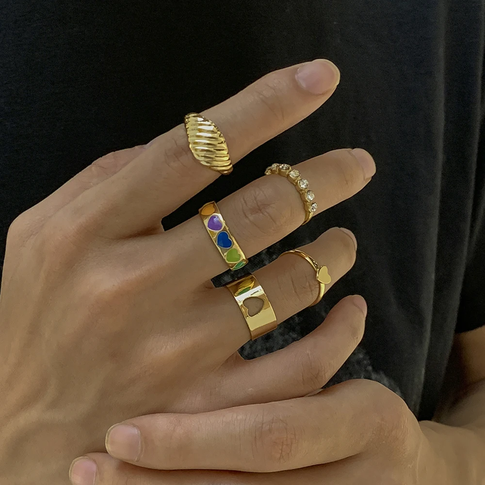 

Lacteo 5 Pcs/Set Fashion Love Heart Rainbow Colorful Openable Rings Hip Hop Metal Shiny Rhinestone Charm Rings Jewelry For Women