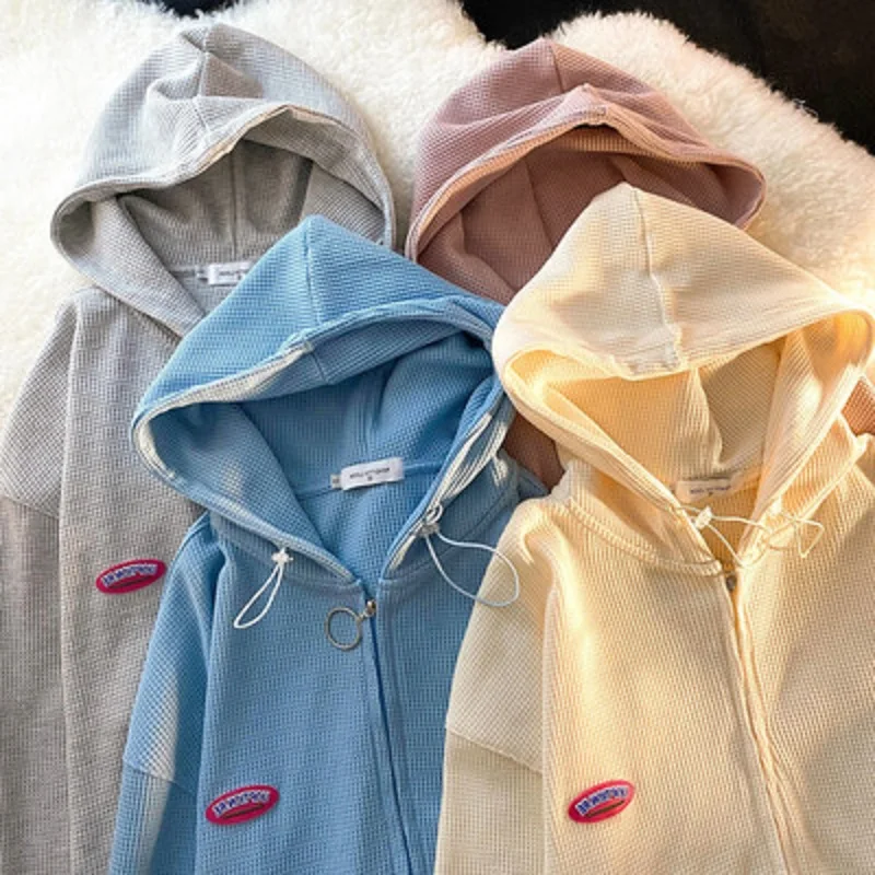 Waffle student cardigan hooded sweater women's spring and autumn new design sense loose couple zipper jacket fashion
Waffle student cardigan hooded sweater women's spring and autumn new design sense loose couple zipper jacket fashion