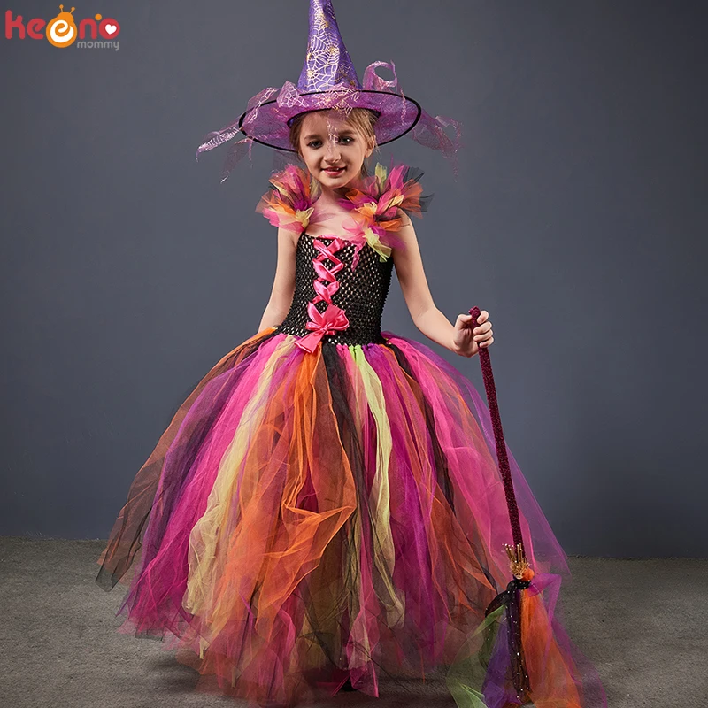 

Rainbow Wicked Witch Girls Tutu Dress Kids Evil Halloween Costume Children Carnival Cosplay Party Fancy Pageant Ball Gown Outfit