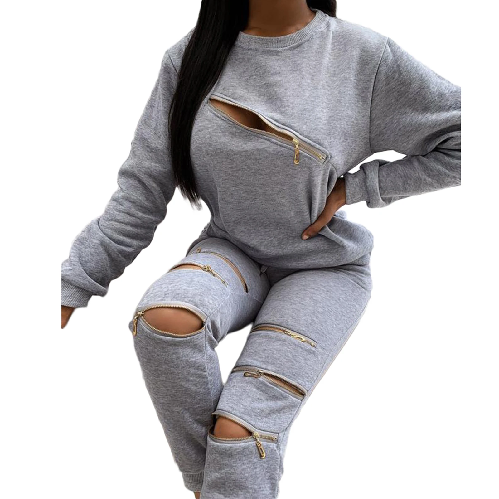 Women Casual 2PC Outfit Set Long Sleeve Zipper Tops long Pants solid zipper Hole decoration O-collar pullover for Lady Female
Women Casual 2PC Outfit Set Long Sleeve Zipper Tops long Pants solid zipper Hole decoration O-collar pullover for Lady Female