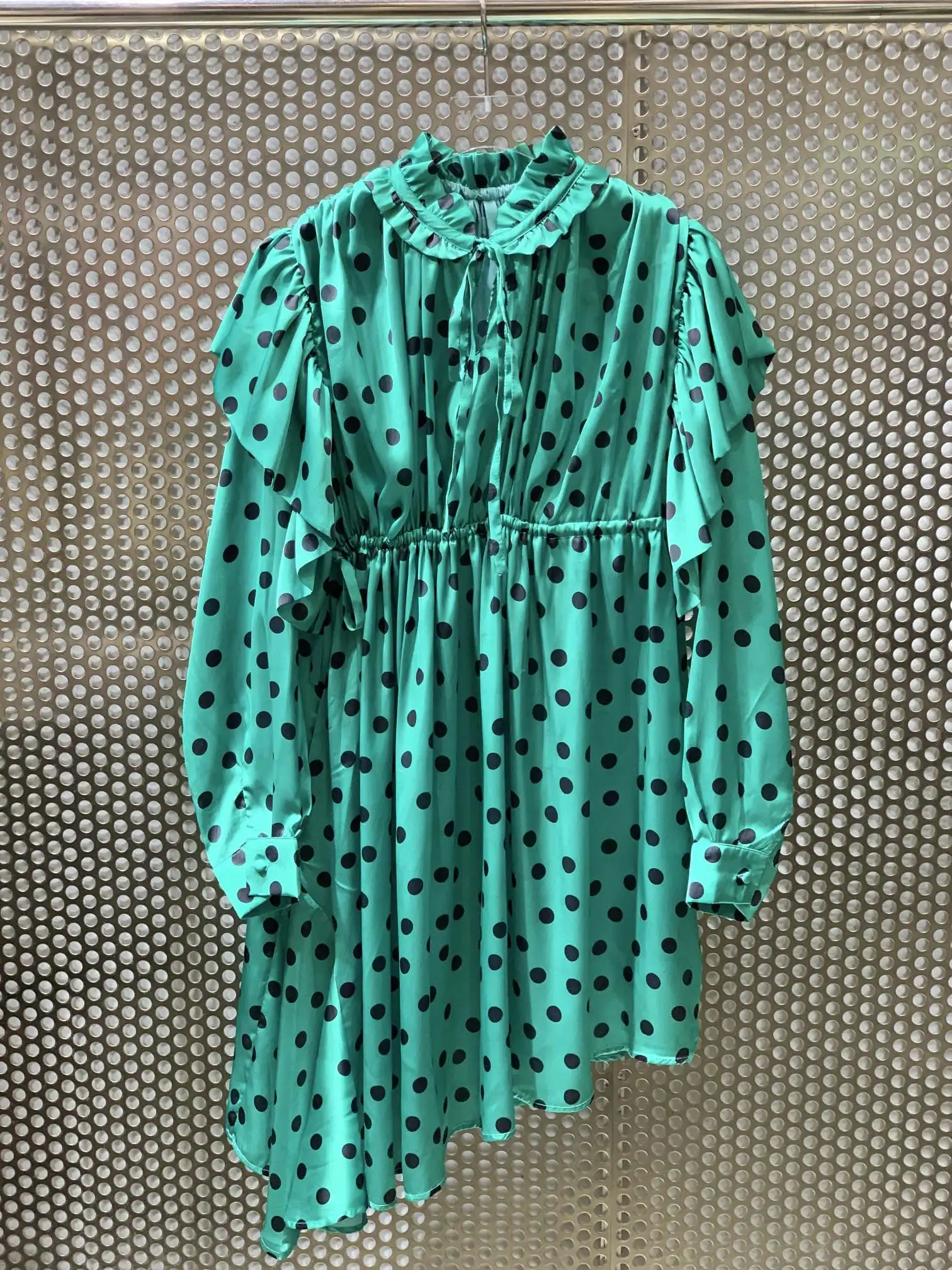 

Ladies 2021 Fashion New Long Sleeve Stand Collar Bowknot Bevel Polka Dot Print Dress 0109