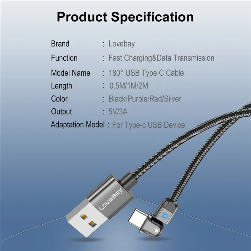 Lovebay 180 Rotation USB Cable Rotate Type C 3A Fast Charge Wire LED USB C Cable for Samsung Galaxy Huawei Xiaomi Mobile Phone
Lovebay 180 Rotation USB Cable Rotate Type C 3A Fast Charge Wire LED USB C Cable for Samsung Galaxy Huawei Xiaomi Mobile Phone