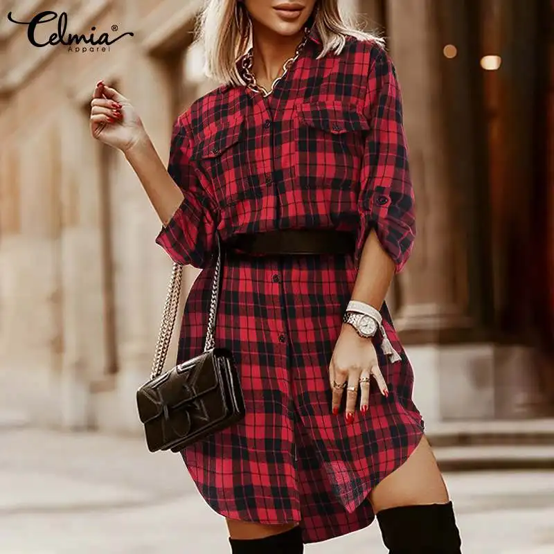Женское клетчатое платье-рубашка Celmia, осень 2022, элегантное короткое платье с отложным воротником и карманами, повседневное свободное мини-п... 
Женское клетчатое платье-рубашка Celmia, осень 2022, элегантное короткое платье с отложным воротником и карманами, повседневное свободное мини-п...