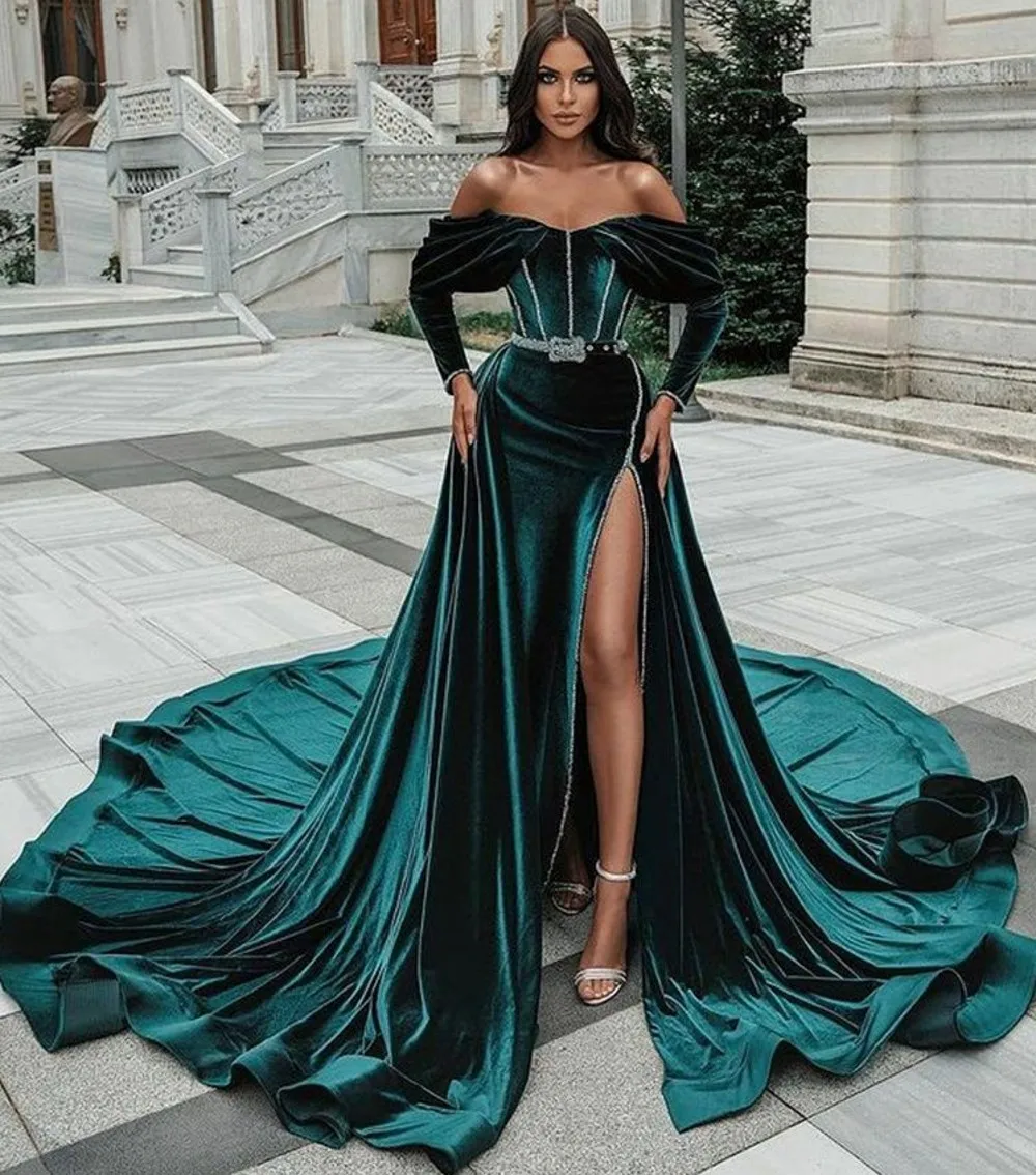Royal Green Long Off Shoulder Caftan Prom Dress 2021 Detachable Train Velvet Evening Party Gowns Robe De Soiree Vestidos
Royal Green Long Off Shoulder Caftan Prom Dress 2021 Detachable Train Velvet Evening Party Gowns Robe De Soiree Vestidos
