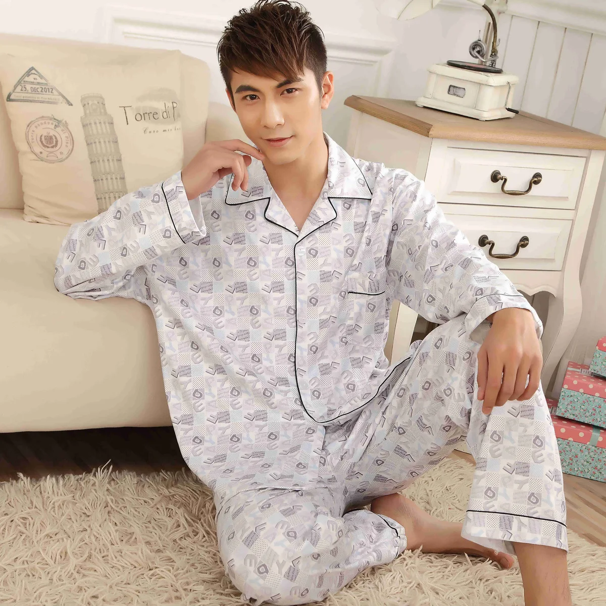 Men Cotton Pajamas Set Turn-down Printed Collar Long Sleeve Trousers Comfortable Sleepwear Leisure Night Pijamas Home Wear
Men Cotton Pajamas Set Turn-down Printed Collar Long Sleeve Trousers Comfortable Sleepwear Leisure Night Pijamas Home Wear