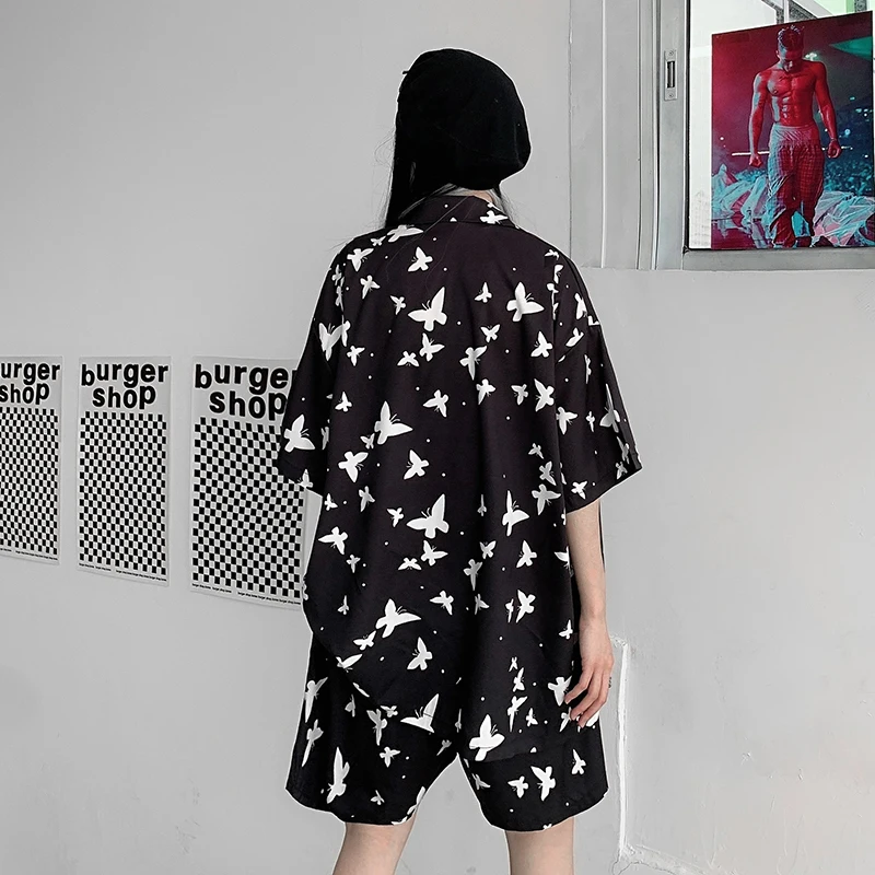 Summer Streetwear Harajuku Butterfly Printing Casual Fashion Suit Short Sleeve Blouses And Oversized Shirts Women White Shirt
