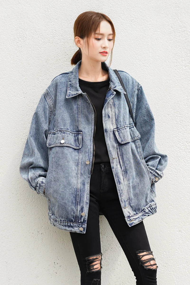 New Spring Autumn Women Chic Turn-down Collar Jean Jacket Vintage Loose Casual Blue Oversize Denim Jackets Female Outwear Coats
New Spring Autumn Women Chic Turn-down Collar Jean Jacket Vintage Loose Casual Blue Oversize Denim Jackets Female Outwear Coats