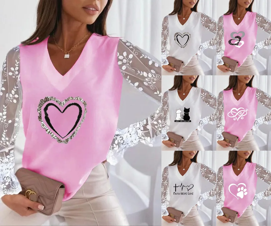 2022 Spring Lace Stitching Heart Print T-shirt Women Casual V Neck Fashion Lace Flower Long Sleeve Tops T Shirt Elegant Pullover
2022 Spring Lace Stitching Heart Print T-shirt Women Casual V Neck Fashion Lace Flower Long Sleeve Tops T Shirt Elegant Pullover