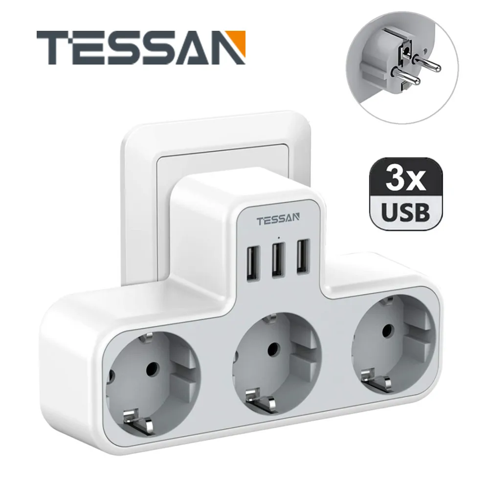 TESSAN 6 In 1 Power Strip EU Plug Extension Socket with 3 EU Outlets 3 USB Ports 5V/2.4A 3600W Wall Plug Adapter for Home Office 
TESSAN 6 In 1 Power Strip EU Plug Extension Socket with 3 EU Outlets 3 USB Ports 5V/2.4A 3600W Wall Plug Adapter for Home Office