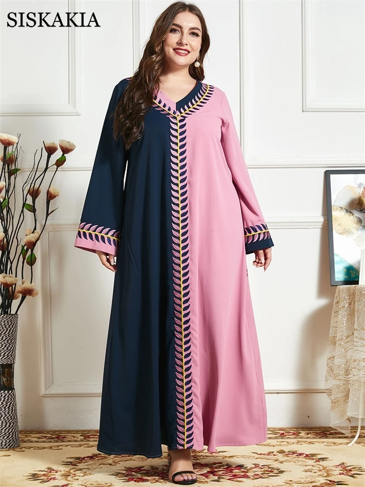 Casual Women Dresses Fashion Contrast Color Leaves Embroidery Arabic Long Dress 2021 Summer Full Sleeve Dubai Muslim Clothes 4XL 
Casual Women Dresses Fashion Contrast Color Leaves Embroidery Arabic Long Dress 2021 Summer Full Sleeve Dubai Muslim Clothes 4XL