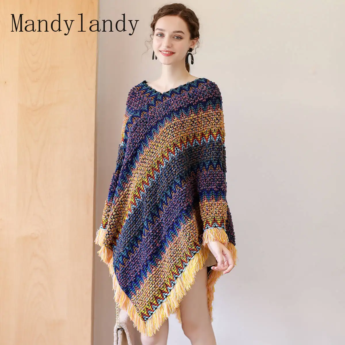Mandylandy Sweater Women's Fashion V-neck Knitted Shawl Cape Sweater Autumn Fashion Multicolor Loose Tassel Stitching Sweater
Mandylandy Sweater Women's Fashion V-neck Knitted Shawl Cape Sweater Autumn Fashion Multicolor Loose Tassel Stitching Sweater