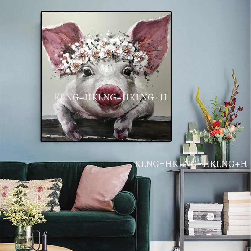 

New Painting Hand-painted High Quality Funny Design Pig with Wreath Oil Painting Handmade Cute Pig Oil Painting for Living Room