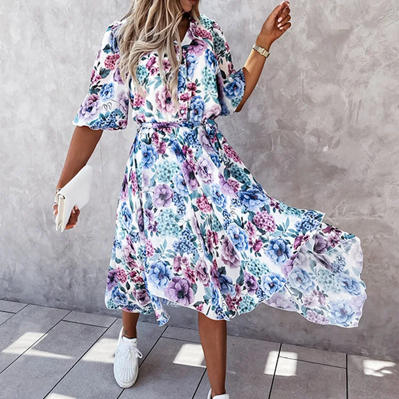 2021 New Summer Women V-Neck Half Sleeve Party Dress Floral Printing Chiffon Ladies Dress Button Elegant Female Dress Vestidos
2021 New Summer Women V-Neck Half Sleeve Party Dress Floral Printing Chiffon Ladies Dress Button Elegant Female Dress Vestidos