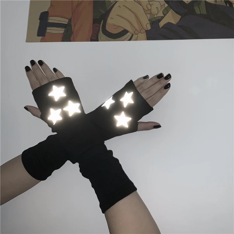 Punk Gothic Star Reflective Black Unisex Fingerless Gloves Cuff Women Men Ninja Cool Sport Outdoor Elbow Mittens Thin Arm Warmer |