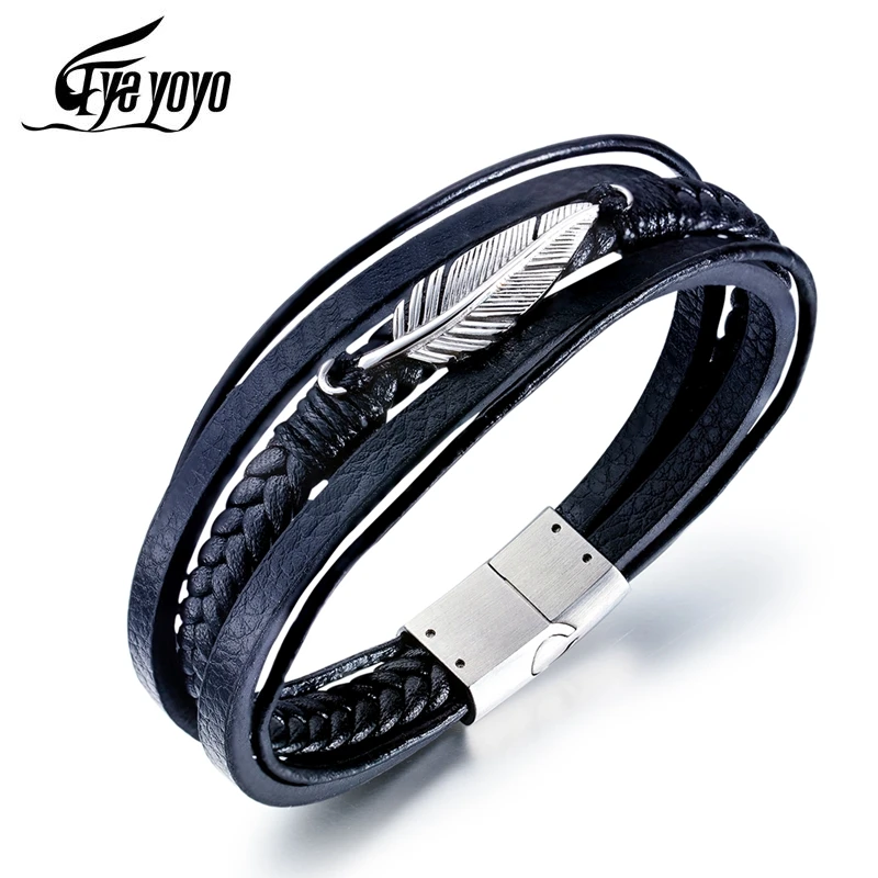 EyeYoYo 210 мм модный Многослойный черный кожаный браслет с перьями Мужская Мода