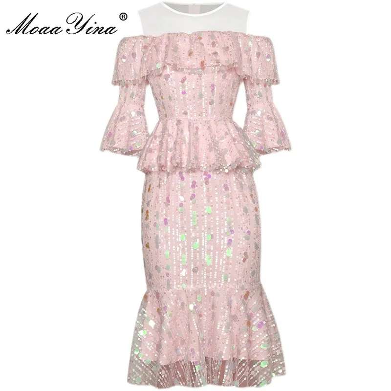 MoaaYina Designer Summer Party Pink Tiered Mesh Dress Women's Fashion Flare Sleeve Sequins Embroidery Sexy Off Shoulder Mermaid
MoaaYina Designer Summer Party Pink Tiered Mesh Dress Women's Fashion Flare Sleeve Sequins Embroidery Sexy Off Shoulder Mermaid