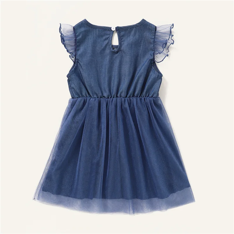Toddler Mesh Denim Dress, Baby Girl Summer Solid Color Fly Sleeve Round Neck
Toddler Mesh Denim Dress, Baby Girl Summer Solid Color Fly Sleeve Round Neck