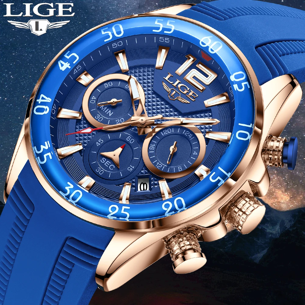

Часы наручные LIGE Мужские кварцевые с хронографом, модные брендовые Роскошные водонепроницаемые, в стиле милитари, с датой, 2021