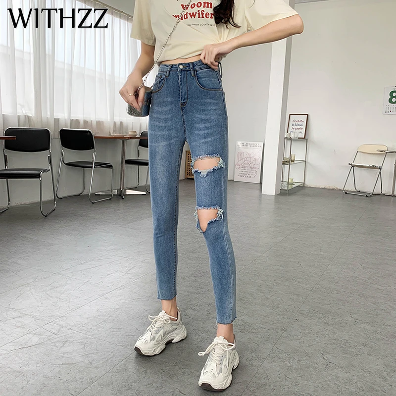 Женские обтягивающие джинсы с высокой талией WITHZZ, Синие рваные джинсы с дырками на весну и осень, узкие брюки, женские джинсы
Женские обтягивающие джинсы с высокой талией WITHZZ, Синие рваные джинсы с дырками на весну и осень, узкие брюки, женские джинсы