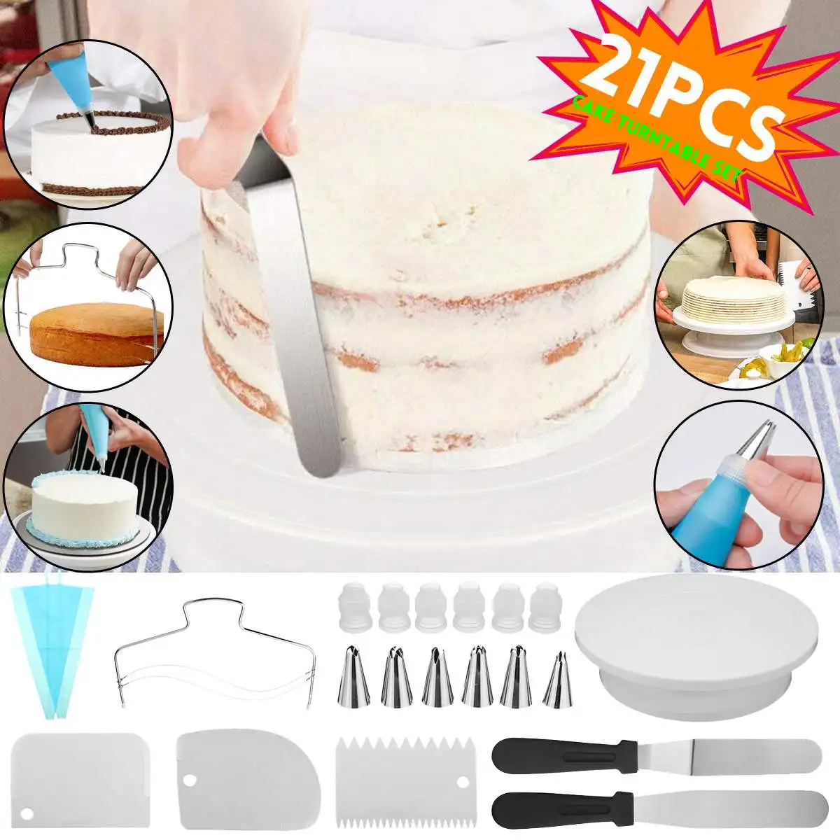 21pcs/set Cake Turntable Set Multifunction Cake Decorating Kit Pastry Tube Fondant Tool Party Kitchen Dessert Baking Supplies
21pcs/set Cake Turntable Set Multifunction Cake Decorating Kit Pastry Tube Fondant Tool Party Kitchen Dessert Baking Supplies