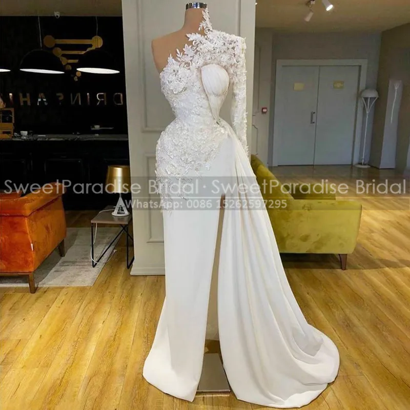 Whit Lace Long Sleeves Evening Dresses Exquisite 3D-Floral Appliques One Shoulder High Split Trumpet Celebrity Dress Prom Gown
Whit Lace Long Sleeves Evening Dresses Exquisite 3D-Floral Appliques One Shoulder High Split Trumpet Celebrity Dress Prom Gown