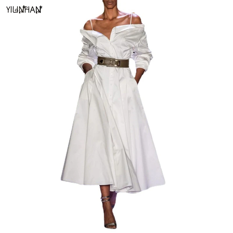 YILINHAN Women Dress Temperament White Maxi Dresses Long Sleeve Off Shoulder Single Breasted Long Dress Plus Size Summer Dresses
YILINHAN Women Dress Temperament White Maxi Dresses Long Sleeve Off Shoulder Single Breasted Long Dress Plus Size Summer Dresses