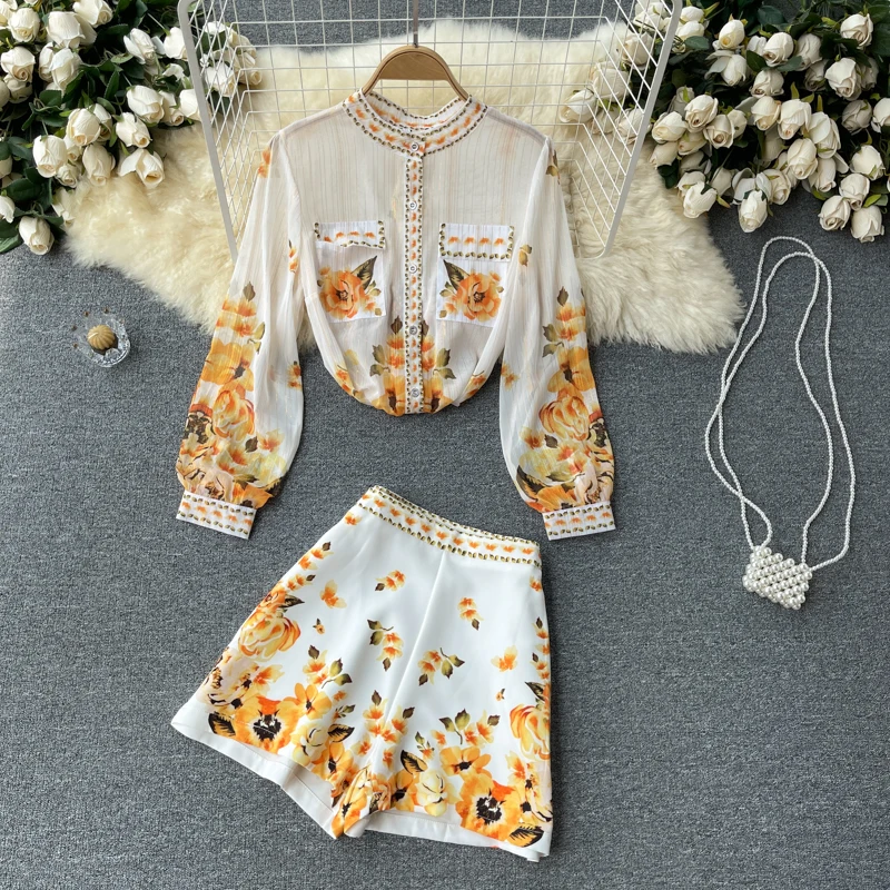 Yellow Floral Print Shorts Set Women Long Lantern Sleeve See Through Chiffon Shirt Blouse + Wide Leg Shorts 2 Piece Suit 1370
Yellow Floral Print Shorts Set Women Long Lantern Sleeve See Through Chiffon Shirt Blouse + Wide Leg Shorts 2 Piece Suit 1370