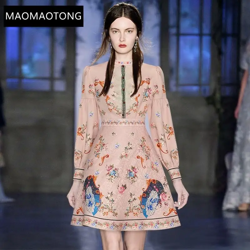 Fashion Designer Autumn Pink Mini Dress Women's Stand-up collar Long sleeve Applique Flower print Short Party Dress
Fashion Designer Autumn Pink Mini Dress Women's Stand-up collar Long sleeve Applique Flower print Short Party Dress