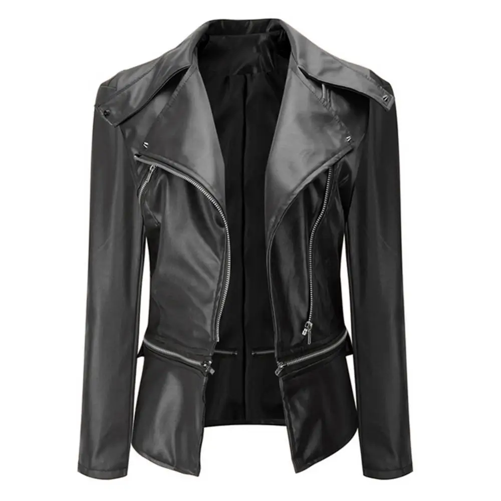 Women Jacket Faux Leather Solid Color Long Sleeve Lapel Faux Leather Motorcycle Punk Jacket Coat Lady Outerwear Coat Bomber 2021
Women Jacket Faux Leather Solid Color Long Sleeve Lapel Faux Leather Motorcycle Punk Jacket Coat Lady Outerwear Coat Bomber 2021